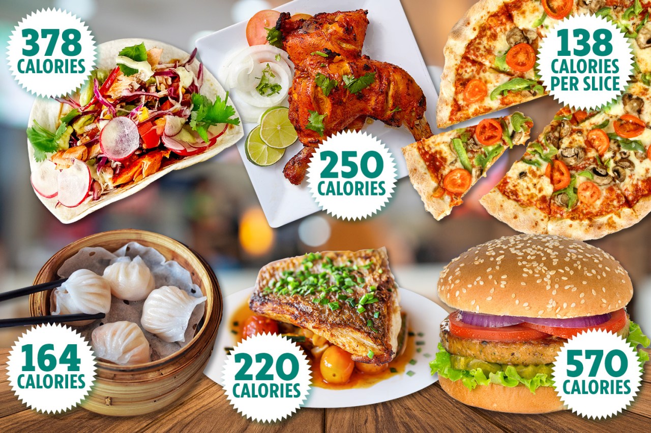 a variety of foods with the number of calories on them