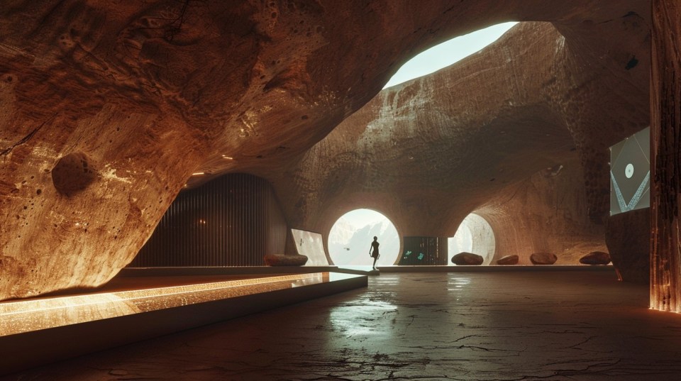 a person standing in a cave with a large window