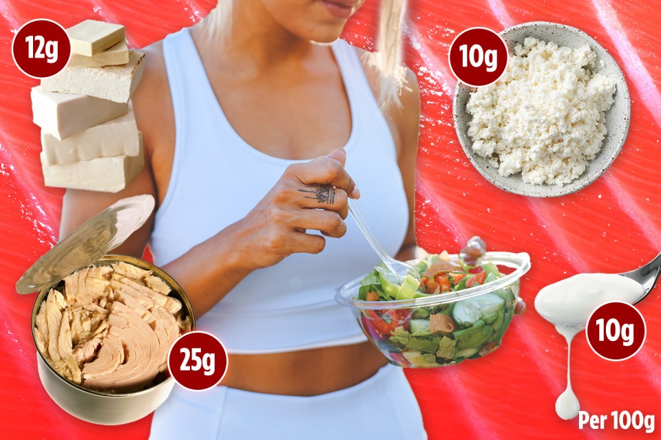 a woman is eating a salad next to a bowl of cottage cheese and tofu