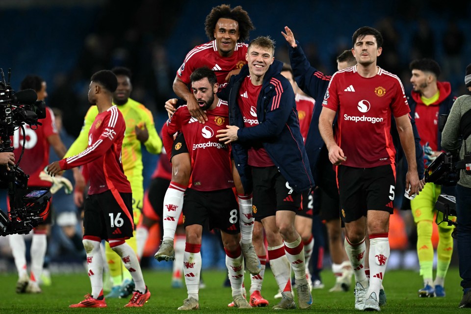 Manchester United players celebrating after a match.