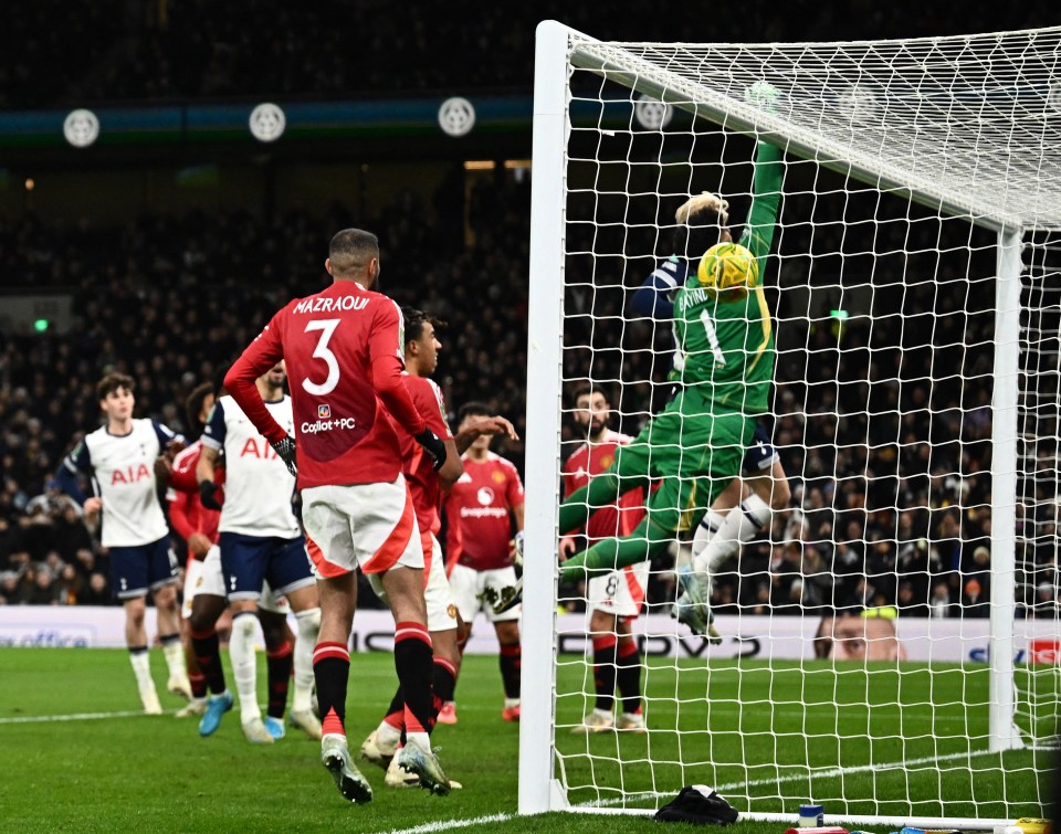 Son Heung-min scores a goal for Tottenham Hotspur against Manchester United.