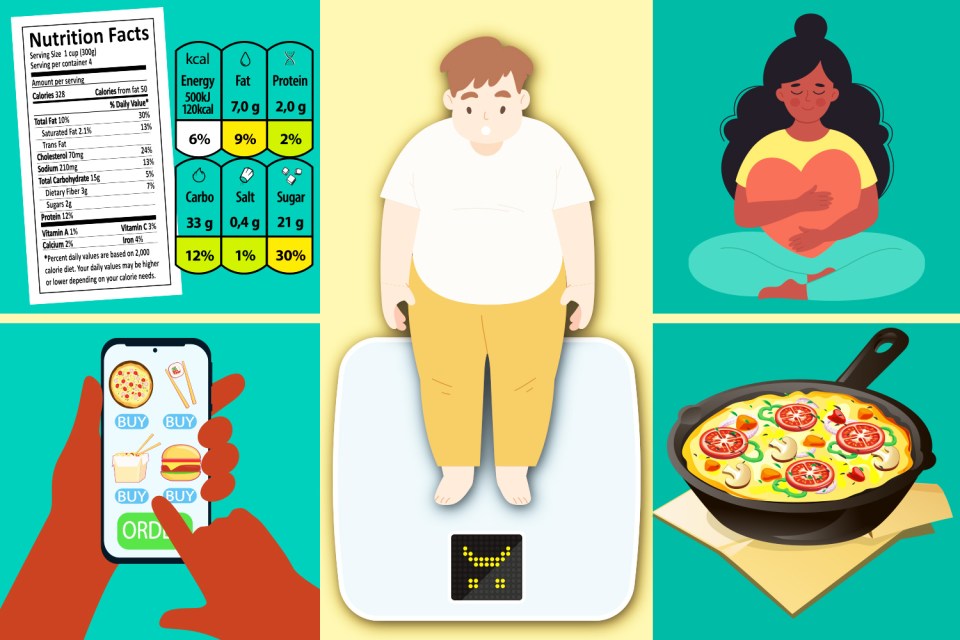 Illustration showing a nutrition facts label, an overweight person on a scale, a person meditating, unhealthy food choices on a phone, and unhealthy food.