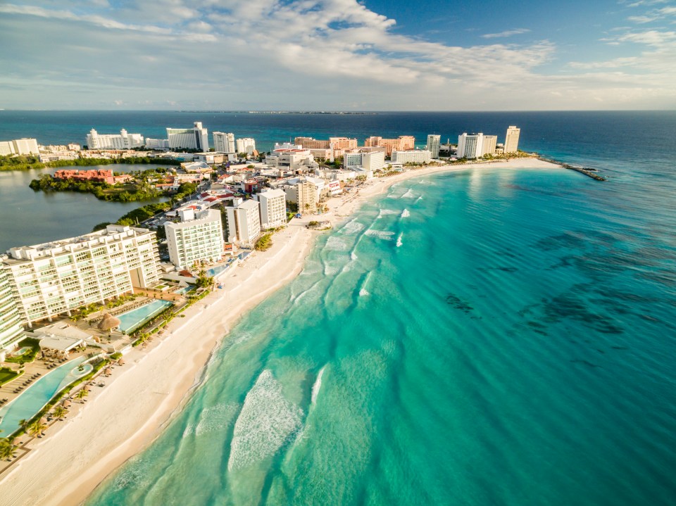 Aerial view of Cancun's Caribbean coastline.