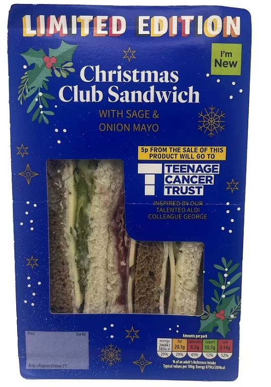Limited edition Christmas club sandwich with sage and onion mayo; 5p from sale goes to Teenage Cancer Trust.