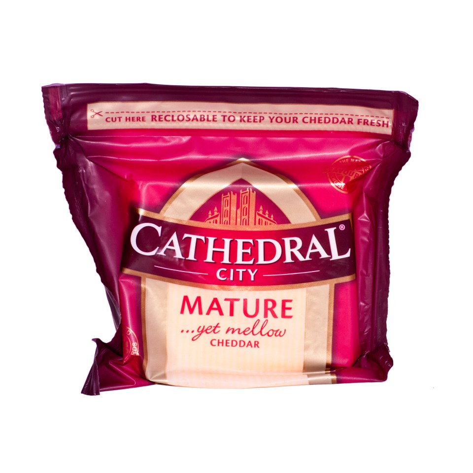 Package of Cathedral City Mature Cheddar cheese.