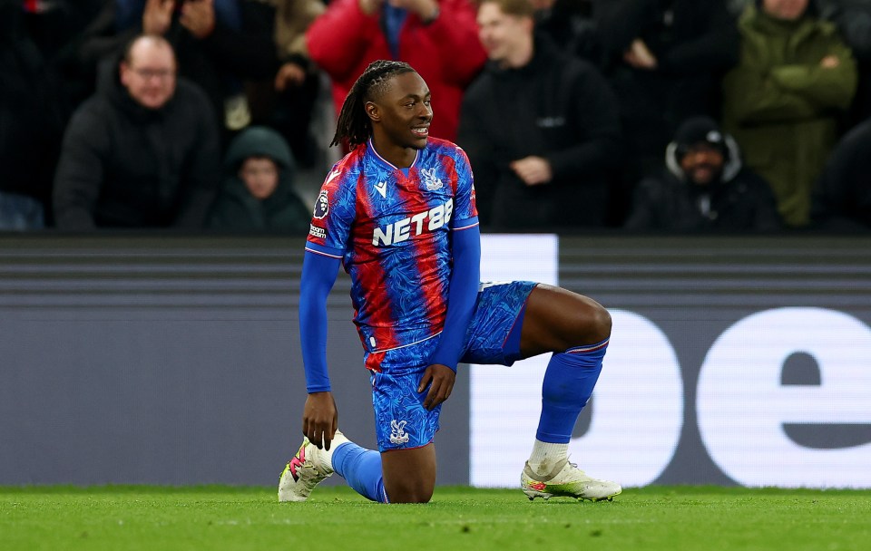 Eberechi Eze of Crystal Palace celebrates scoring a goal.