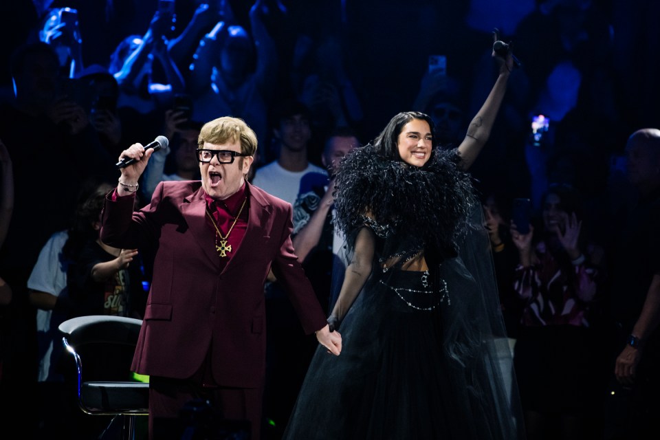 Elton on stage with Dua Lipa
