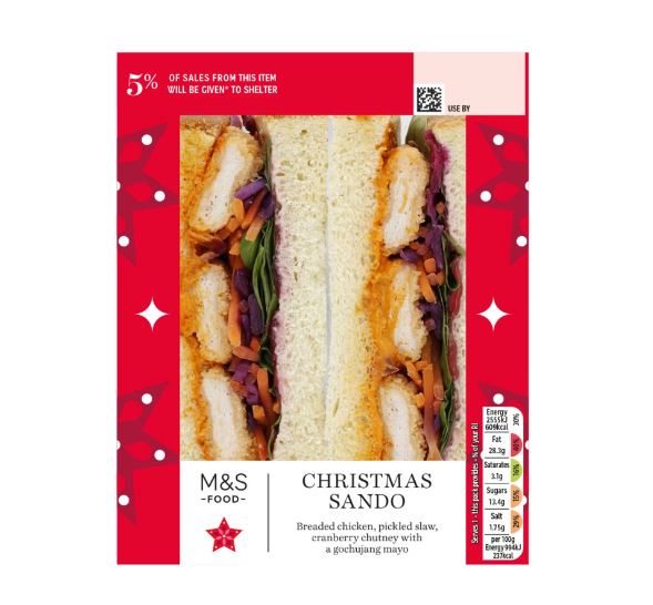 Marks & Spencer Christmas Sando: breaded chicken, pickled slaw, cranberry chutney, gochujang mayo.