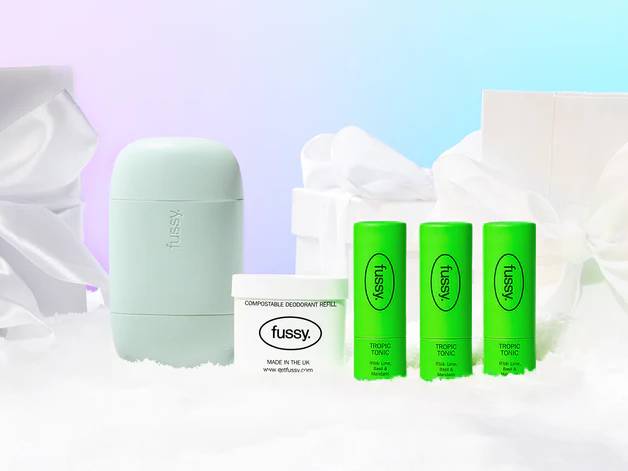 Fussy deodorant refill and three tubes of tropic tonic deodorant.
