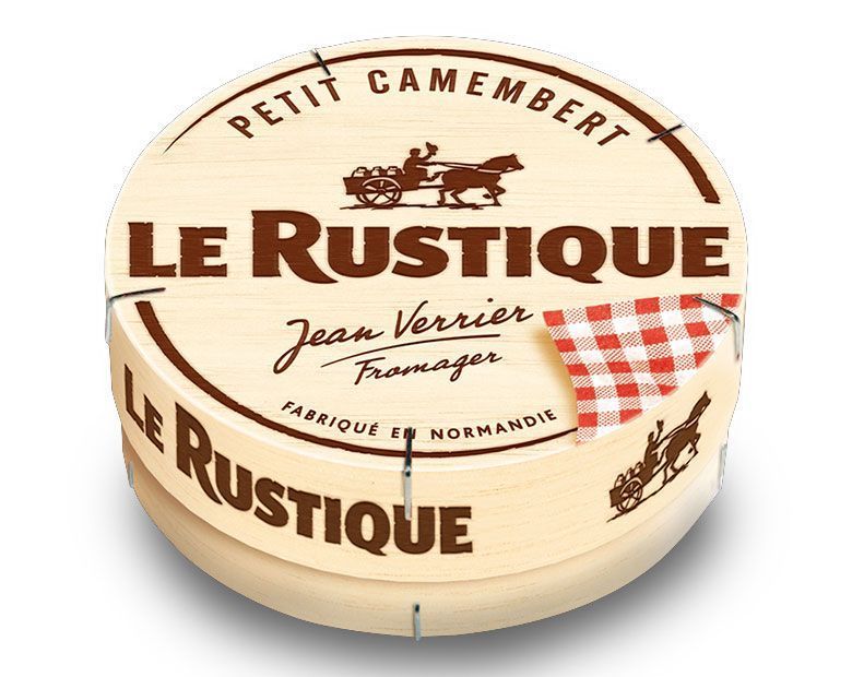 Le Rustique pasteurized Camembert cheese in wooden box.
