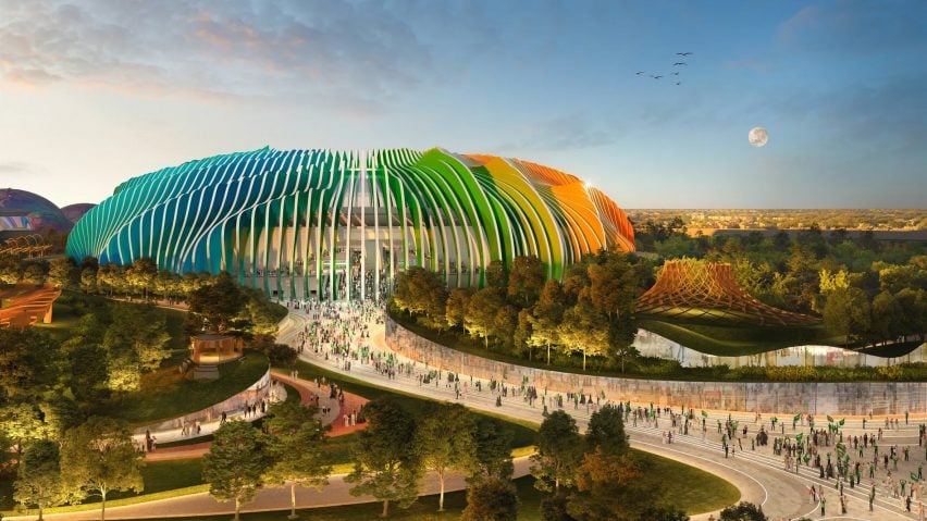 Futuristic World Cup 2034 stadium design.