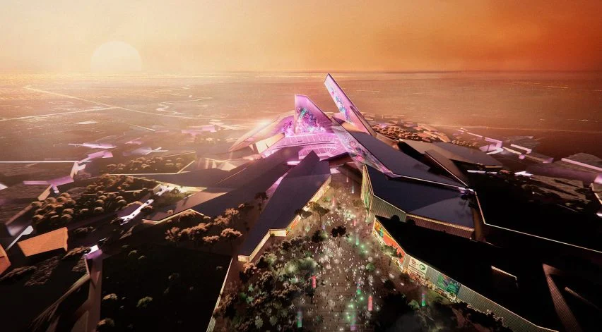 Futuristic World Cup 2034 stadium design.
