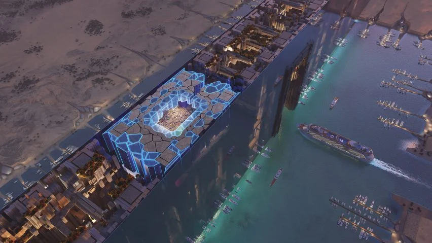 Aerial view of a futuristic World Cup stadium design.