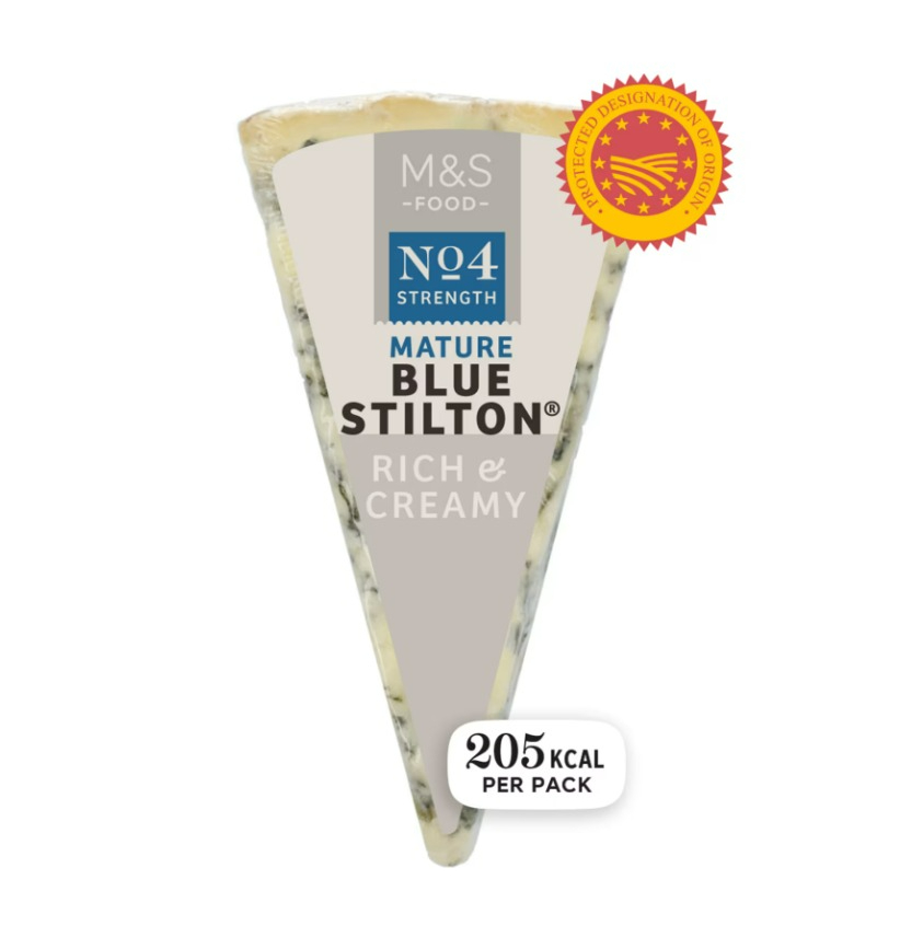 Mature Blue Stilton cheese wedge, 205 kcal per pack.