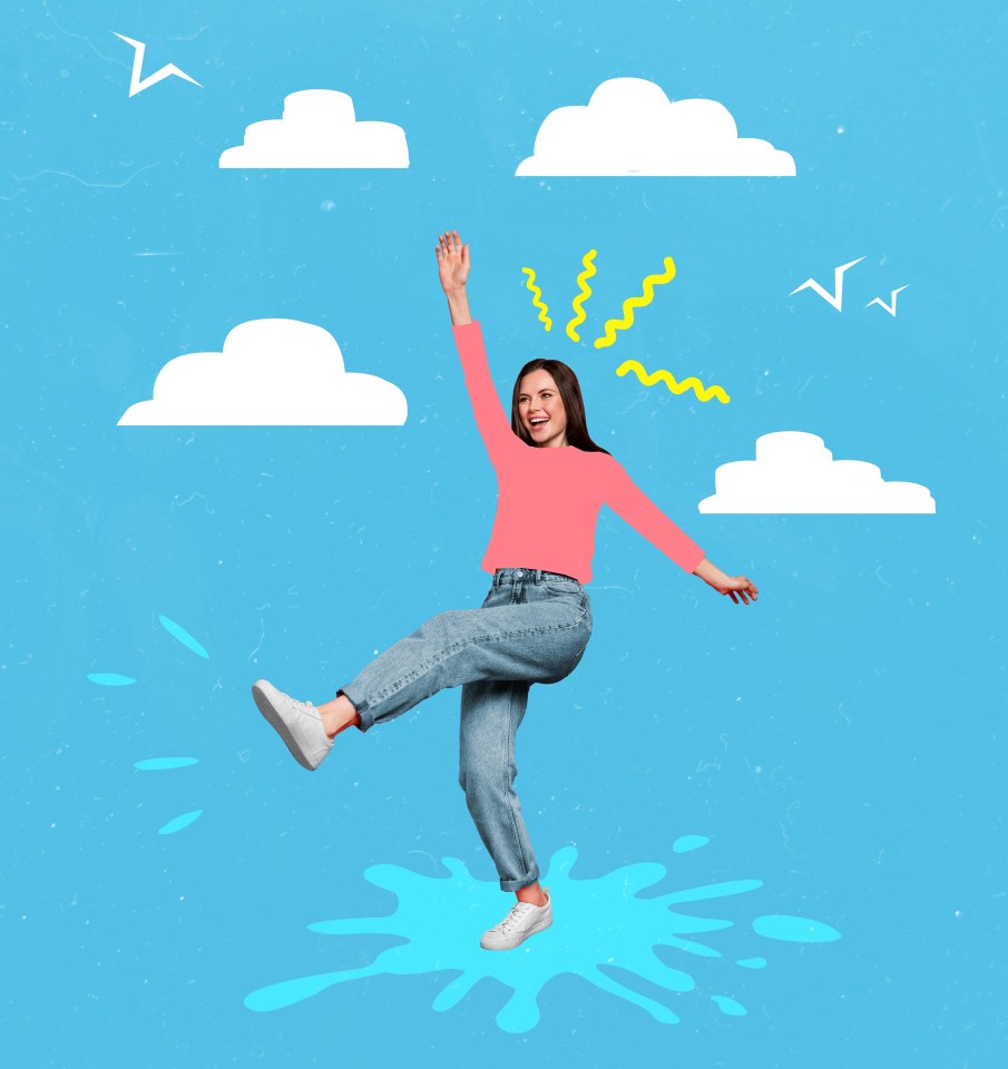 Creative photo 3d collage poster postcard artwork of happy lady girlfriend go ahead enjoy promenade outside isolated on drawing background; Shutterstock ID 2210655765; purchase_order: -; job: -; client: -; other: -