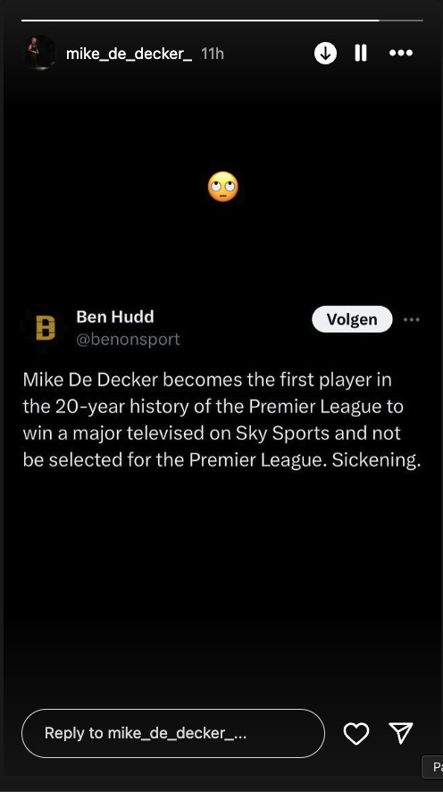 Mike De Decker is the first Premier League player in 20 years to win a major televised Sky Sports event and not be selected for the Premier League.
