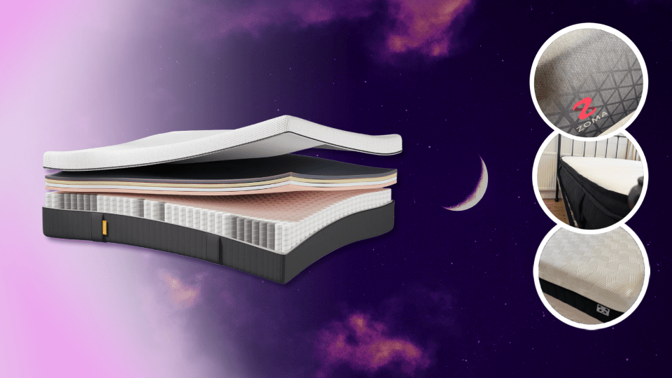 Illustration of a mattress cutaway showing its layers, with inset images of the mattress cover and the assembled mattress.