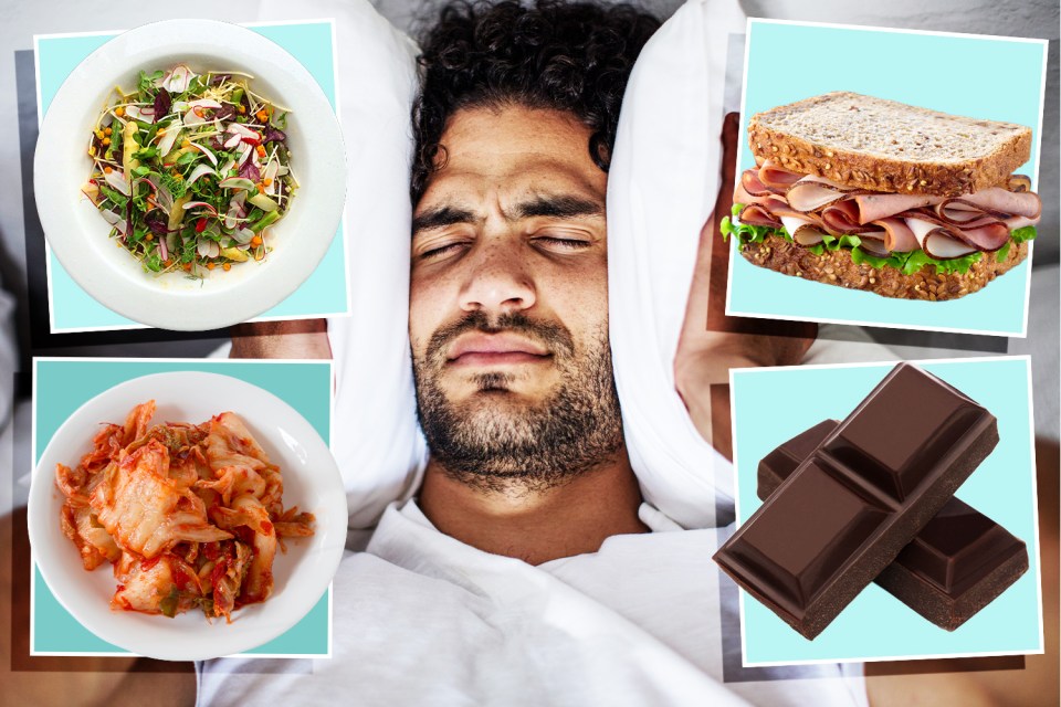 Foods that can disrupt sleep: salad, kimchi, sandwich, chocolate.