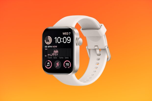 Smartwatch with white band displaying time and health data.
