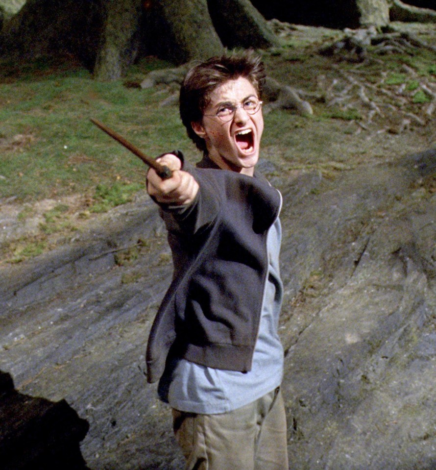 Harry Potter yelling and pointing his wand in a forest.