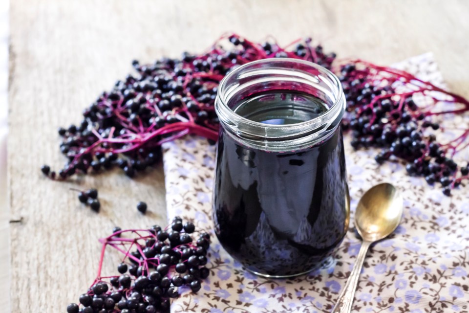 Homemade elderberry syrup in a jar with elderberries.