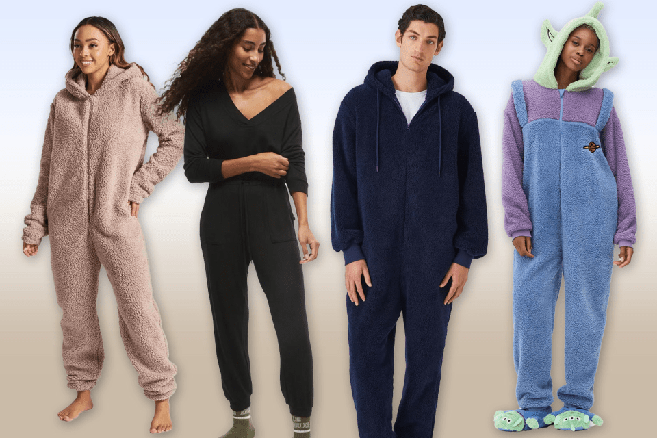 Four models showing different styles of fleece pajamas.