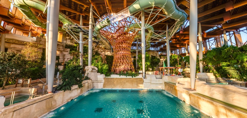 Indoor water park with slides and a pool.