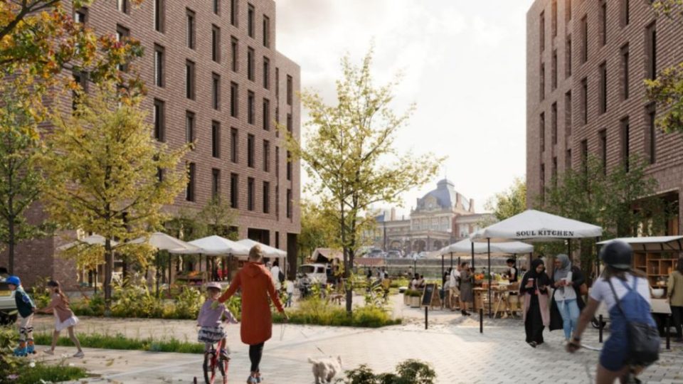 Illustration of a Norwich city center redevelopment project, showing new brick buildings, outdoor seating areas, and people walking.