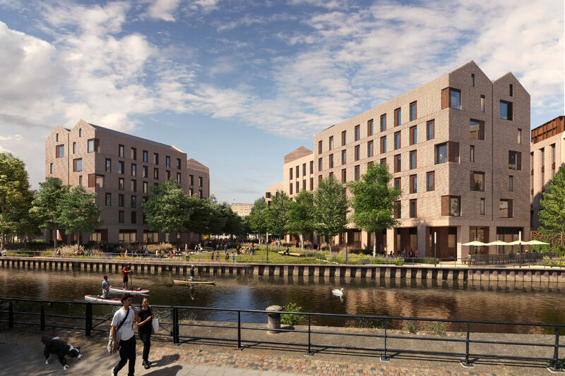 Illustration of a Norwich redevelopment project, showing new buildings near a river.