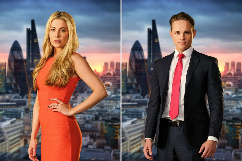Collage of a woman in an orange dress and a man in a suit, with a London cityscape in the background.