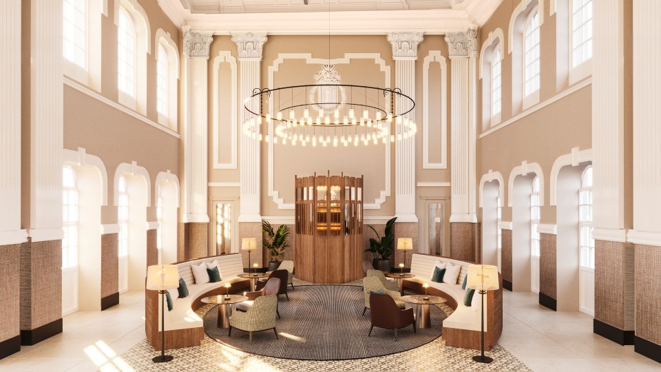Illustration of a hotel lobby with a curved sofa, chairs, and a large chandelier.