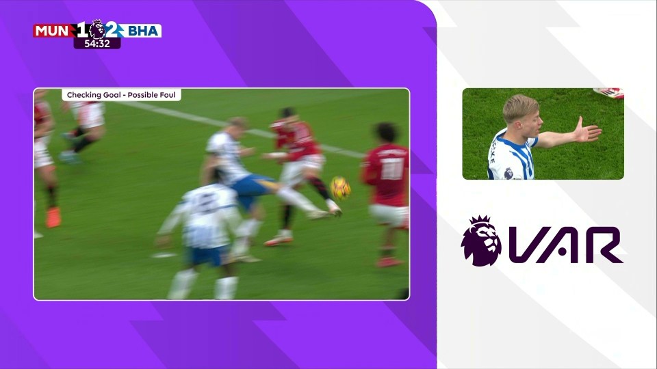 VAR review of a possible foul during a Manchester United vs Brighton game.