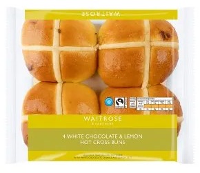 Package of four white chocolate and lemon hot cross buns.