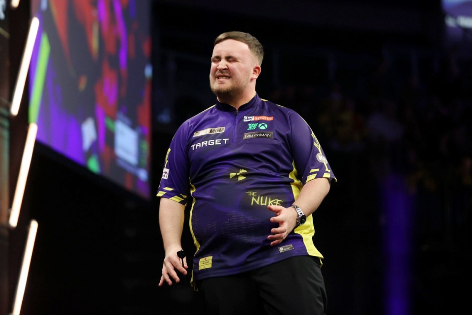 Luke Littler reacts during his match against Michael van Gerwen on night one of the 2025 BetMGM Premier League at the SSE Arena, Belfast. Picture date: Thursday February 6, 2025. PA Photo. See PA story DARTS Belfast. Photo credit should read: Liam McBurney/PA Wire. RESTRICTIONS: Use subject to restrictions. Editorial use only, no commercial use without prior consent from rights holder.
