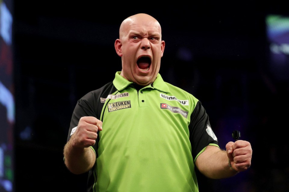 Michael van Gerwen reacts during his match against Luke Littler on night one of the 2025 BetMGM Premier League at the SSE Arena, Belfast. Picture date: Thursday February 6, 2025. PA Photo. See PA story DARTS Belfast. Photo credit should read: Liam McBurney/PA Wire. RESTRICTIONS: Use subject to restrictions. Editorial use only, no commercial use without prior consent from rights holder.