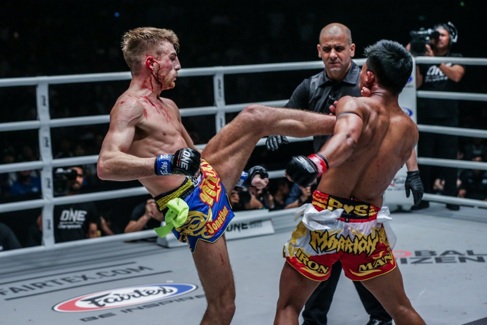 Two Muay Thai fighters in a match.