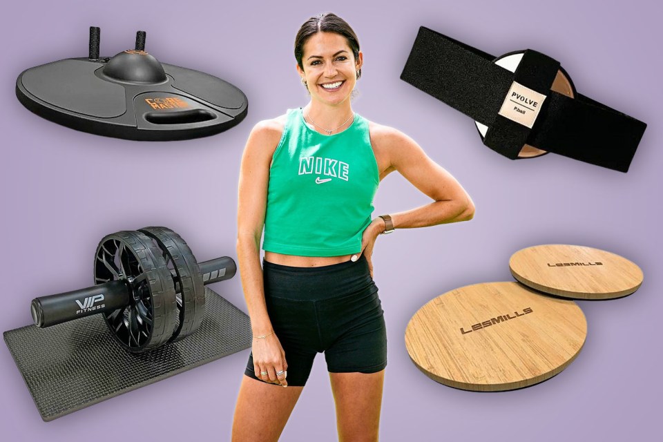 Collage of fitness equipment and a woman in athletic wear.