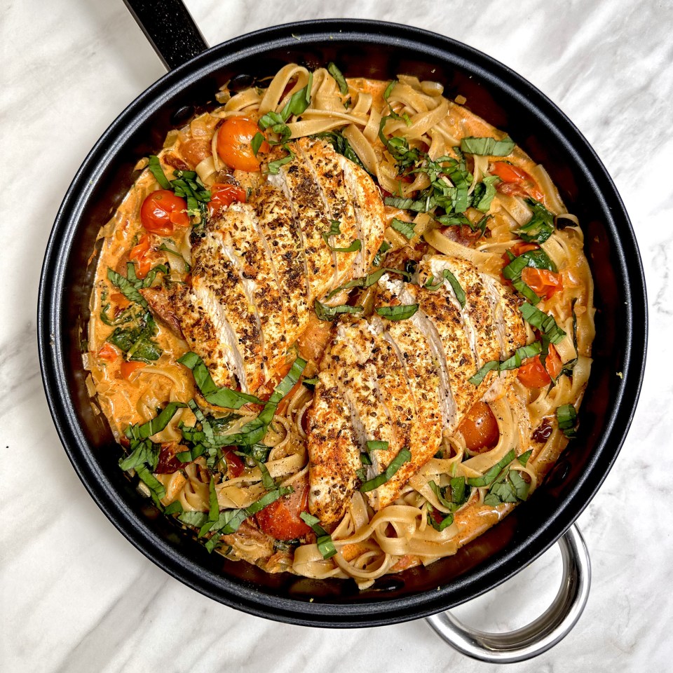 Chicken and pasta in a creamy tomato sauce.