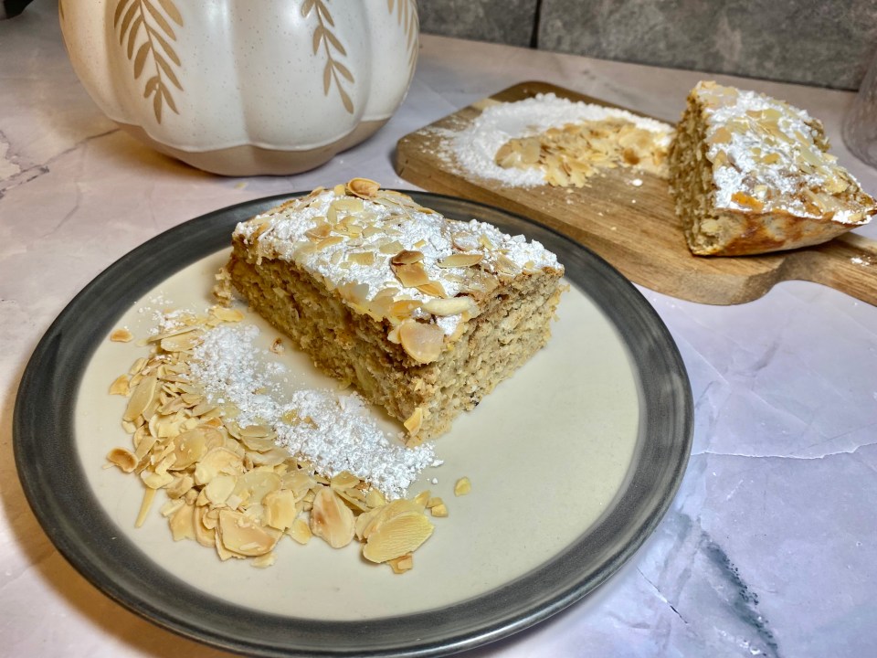 Almond cake slices on a plate.