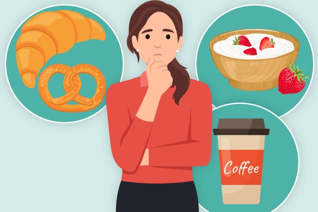 Illustration of a woman considering foods and drinks not to eat on an empty stomach, including a croissant, pretzel, yogurt with strawberries, and coffee.