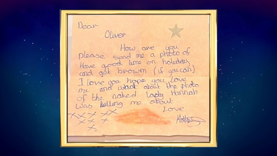 Handwritten letter framed in gold.