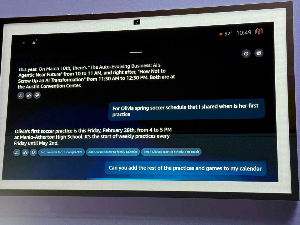 Screenshot of an Alexa device displaying calendar events and soccer practice information.