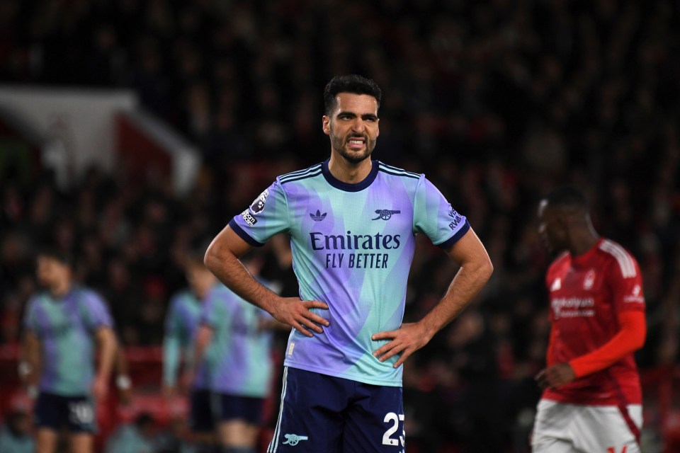 Mikel Merino of Arsenal reacts during a soccer match.