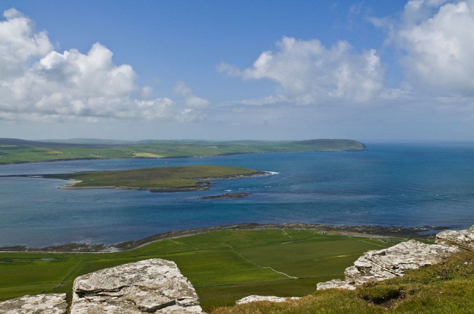 Aerial view of Eynhallow Sound, Rousay, Orkney, Scotland.