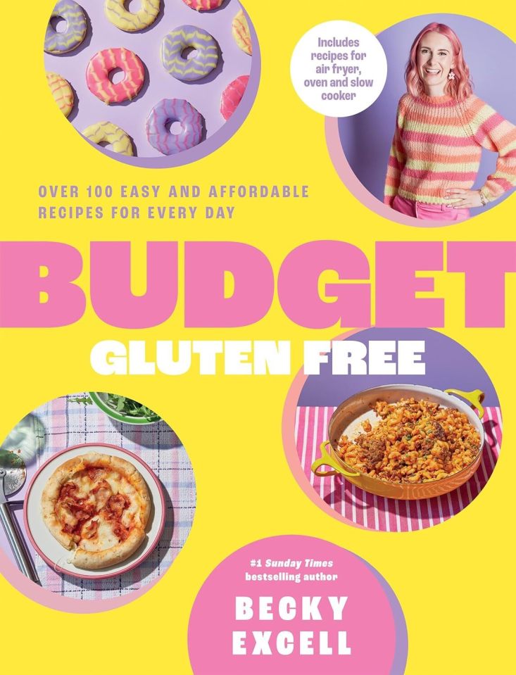 Collage of gluten-free recipes from the book "Budget Gluten Free" by Becky Excell.