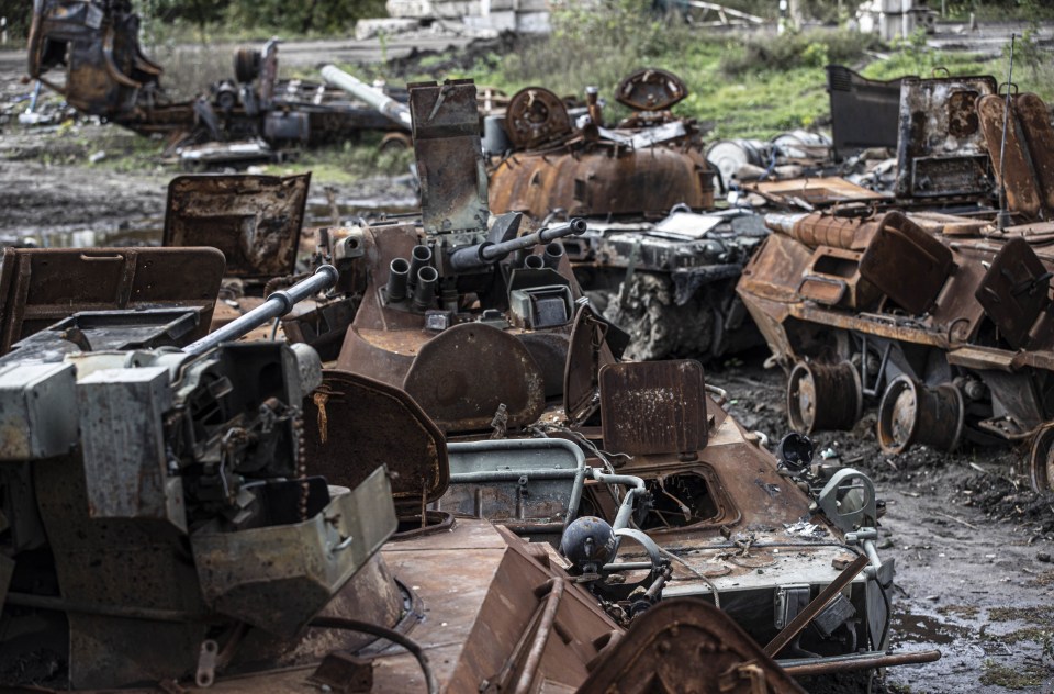 Destroyed Russian armored vehicles in Izium, Kharkiv, Ukraine.