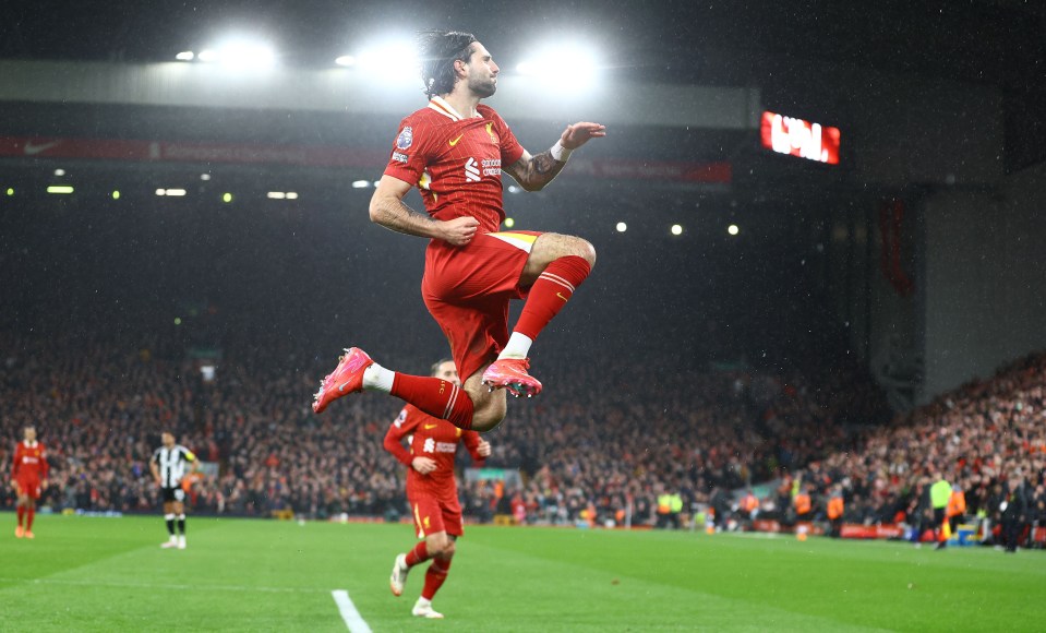 Dominik Szoboszlai of Liverpool celebrating a goal.