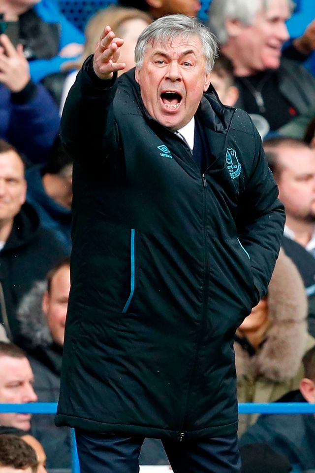Carlo Ancelotti, Everton's head coach, gesturing on the sidelines.