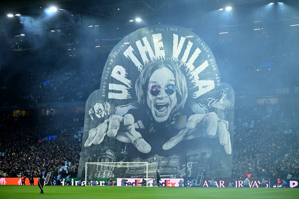 Giant tifo of Ozzy Osbourne displayed at a soccer game.