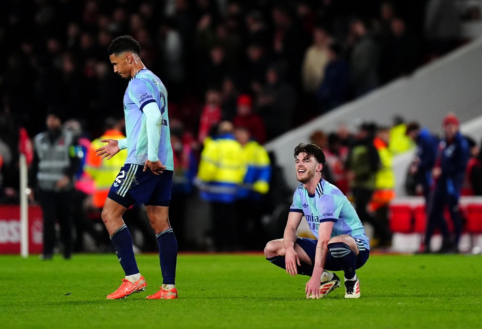 Arsenal's Declan Rice and William Saliba after a Premier League match.